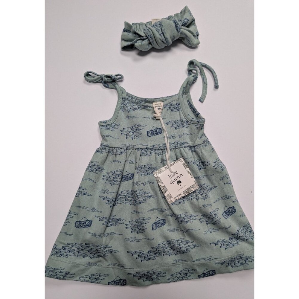 Kate Quinn Organic Cotton Gone Fishing Tie Strap Dress & Bow Bundle 3-6 m baby